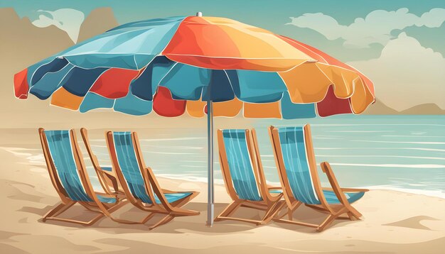 un dessin animé d'une scène de plage avec un parapluie arc-en-ciel