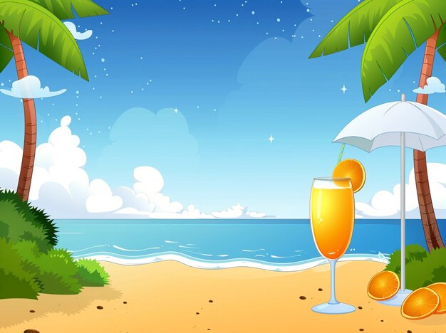 un dessin animé d'une scène de plage avec un verre de vin et un parapluie