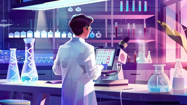 un dessin animé d'un scientifique regardant un écran d'ordinateur