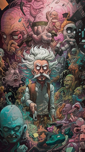 Un dessin animé d'un scientifique avec un tas de zombies en arrière-plan.