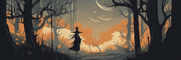 Un dessin animé d'une sorcière dans une forêt avec une lune dans le ciel.