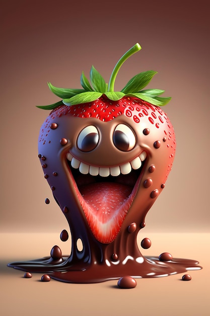 Dessin animé souriant fraise avec éclaboussures de chocolat liquide