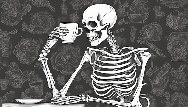 un dessin animé d'un squelette buvant une tasse de café