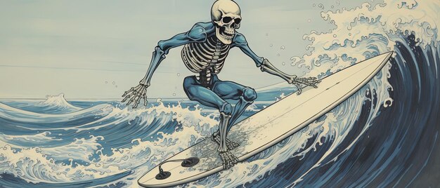 un dessin animé d'un squelette sur une planche de surf dans l'océan