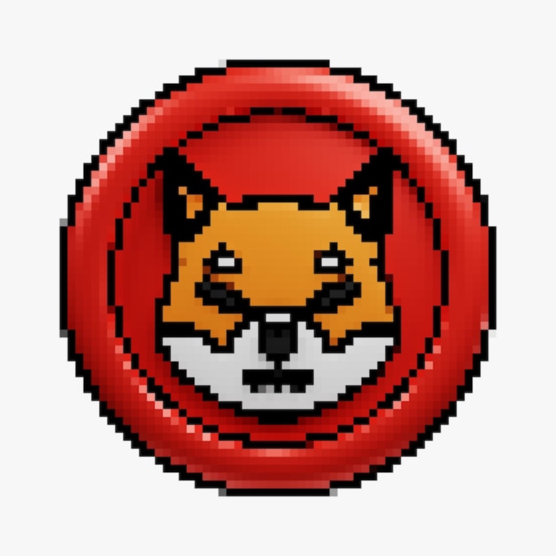 dessin animé de style pixel vue de face crypto-monnaie SHIB ou pièce rouge Shiba Inu avec style de dessin animé