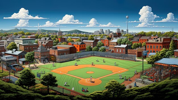 un dessin animé d'un terrain de baseball avec une ville en arrière-plan