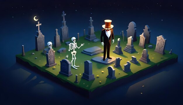 un dessin animé d'une tombe avec un squelette au milieu