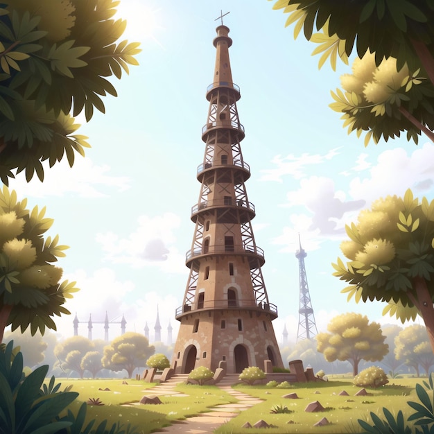 Un dessin animé d'une tour avec une tour en arrière-plan