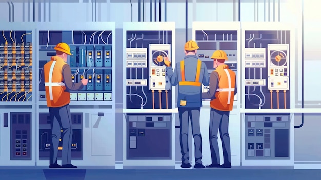 un dessin animé de travailleurs dans une usine avec beaucoup d'équipements en arrière-plan