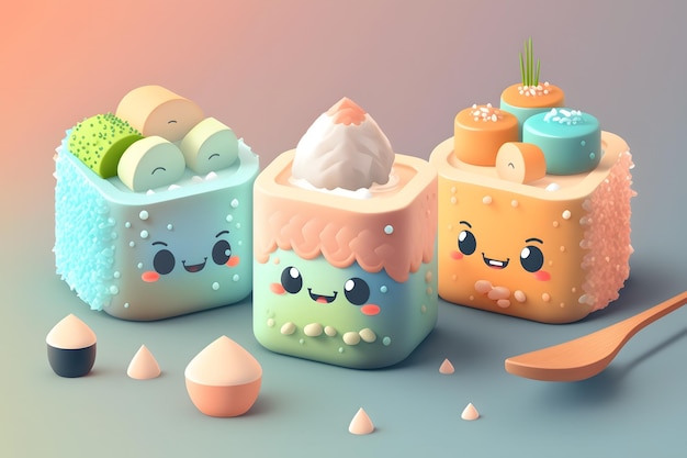 Un dessin animé de trois desserts différents avec un qui dit "crème glacée" dessus