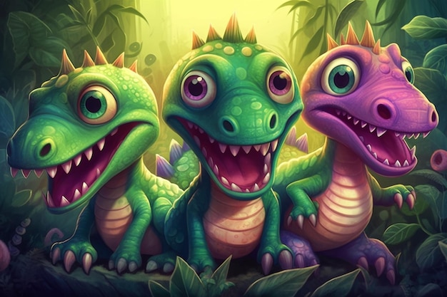 Un dessin animé de trois dinosaures avec le nom dragon sur le devant.
