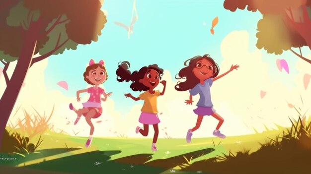 Un dessin animé de trois enfants qui courent dans un parc