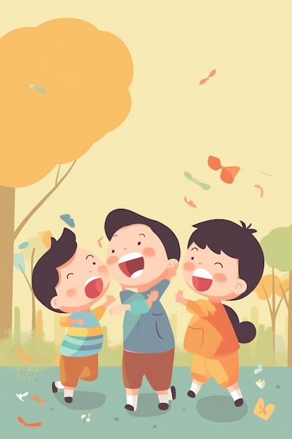 Un dessin animé de trois enfants s'amusant avec des bonbons dans le parc.