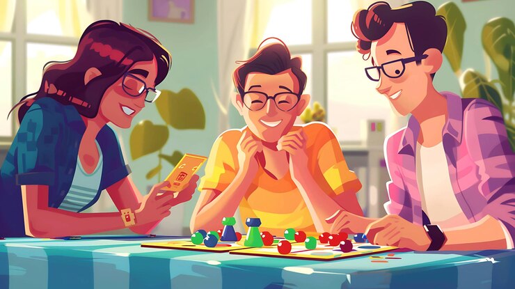 un dessin animé de trois personnes jouant à un jeu de société avec l'un d'eux jouant un jeu