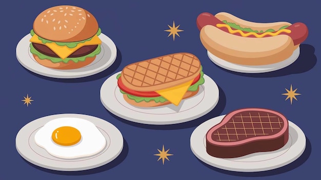 un dessin animé d'une variété de nourriture, y compris des burgers et des hamburgers