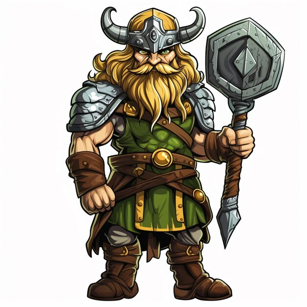 Photo dessin animé viking avec un marteau et un bouclier