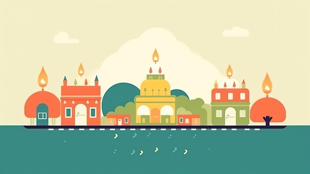 Un dessin animé d'une ville avec une bougie dessus