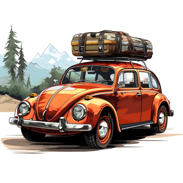 un dessin animé d'une voiture avec des bagages sur le dessus