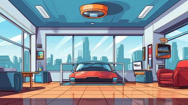 Photo un dessin animé d'une voiture dans une pièce avec une image d'une auto et un paysage urbain en arrière-plan