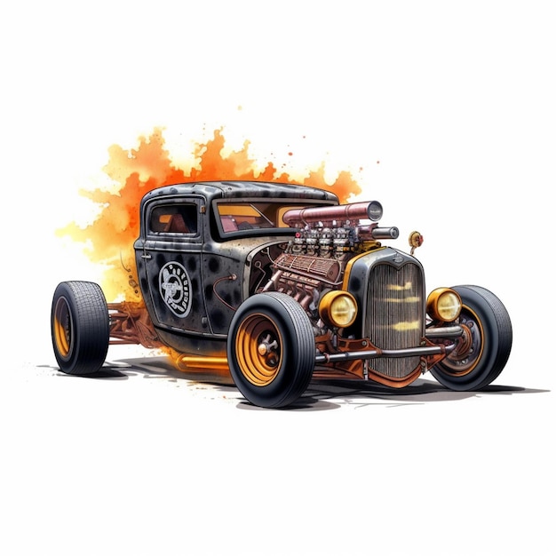 Dessin animé d'une voiture hot rod avec des flammes qui en sortent ai générative