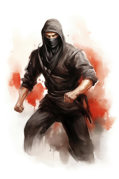 Dessin à l'aquarelle d'un assassin ninja japonais vêtu de noir