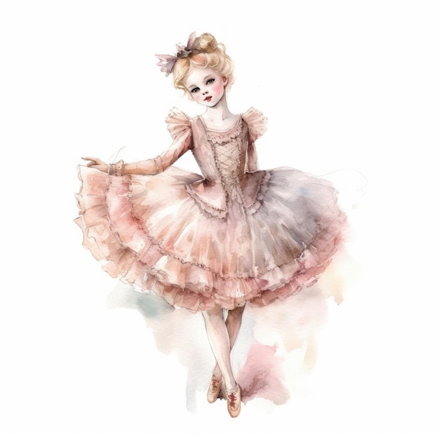 Un dessin à l'aquarelle d'une ballerine en rose.