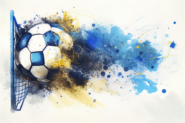 Dessin à l'aquarelle d'un ballon de football sur papier avec des peintures bleues et dorées Generative AI