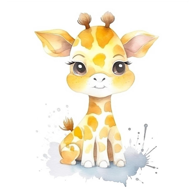 Un dessin à l'aquarelle d'un bébé girafe assis sur un fond blanc.