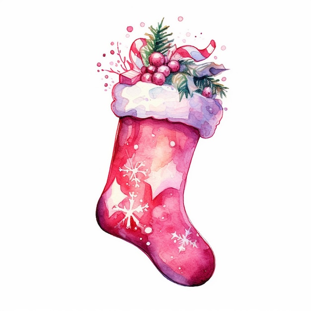 un dessin à l'aquarelle d'une botte rose avec un arbre de Noël dessus.