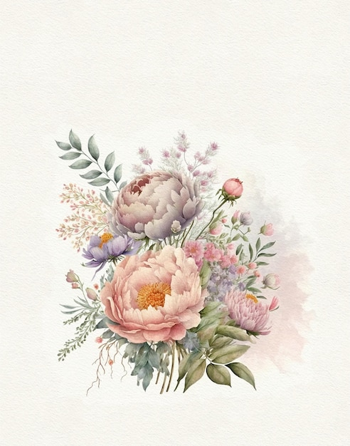 dessin à l'aquarelle d'un bouquet de fleurs aux couleurs pastel sur papier aquarelle, carte de voeux, mariage