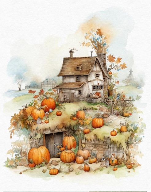 Dessin à l'aquarelle d'un champ de citrouilles d'automne et d'une maison en bois sur la colline