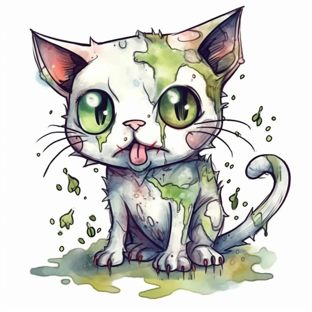 Un dessin à l'aquarelle d'un chat aux yeux verts et aux yeux verts.