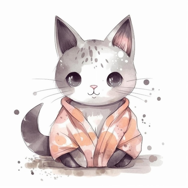 Un dessin à l'aquarelle d'un chat portant une serviette.