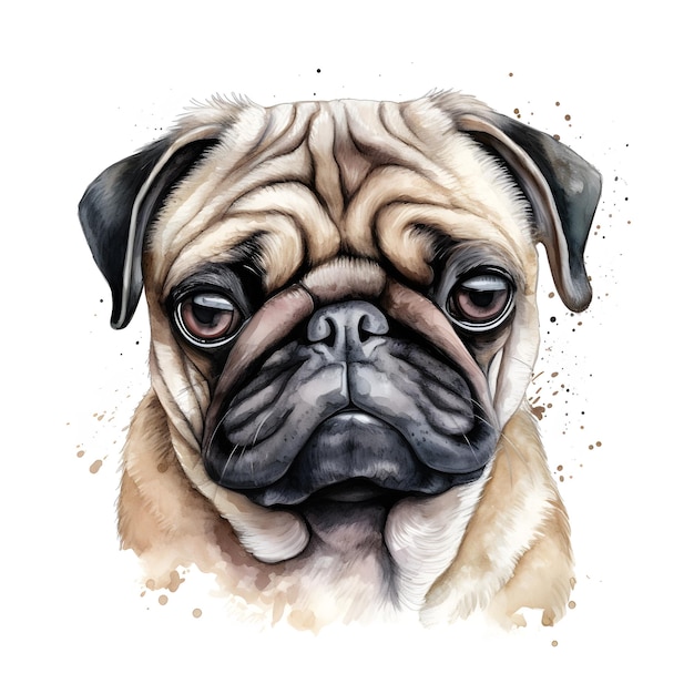 Un dessin à l'aquarelle d'un chien carlin avec une expression triste.