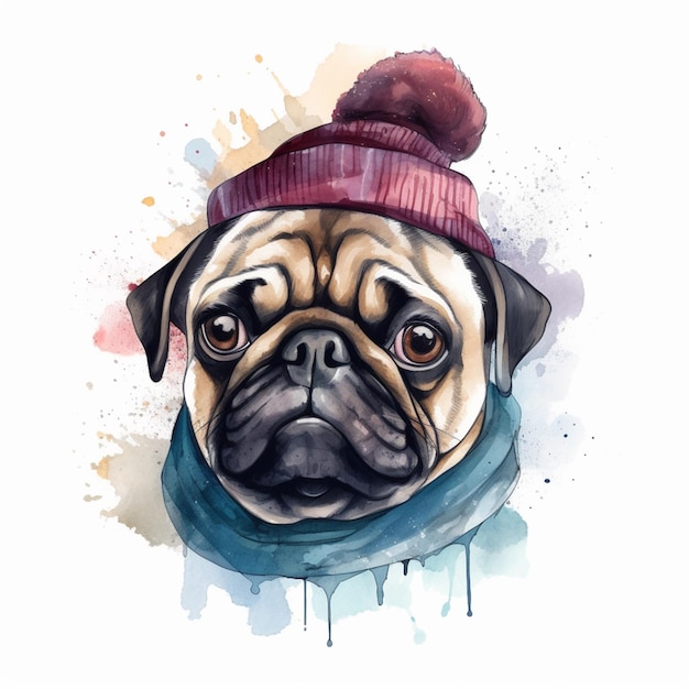 Un dessin à l'aquarelle d'un chien carlin portant un chapeau.