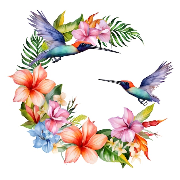 Un dessin à l'aquarelle de colibris volant autour d'une couronne de fleurs tropicales