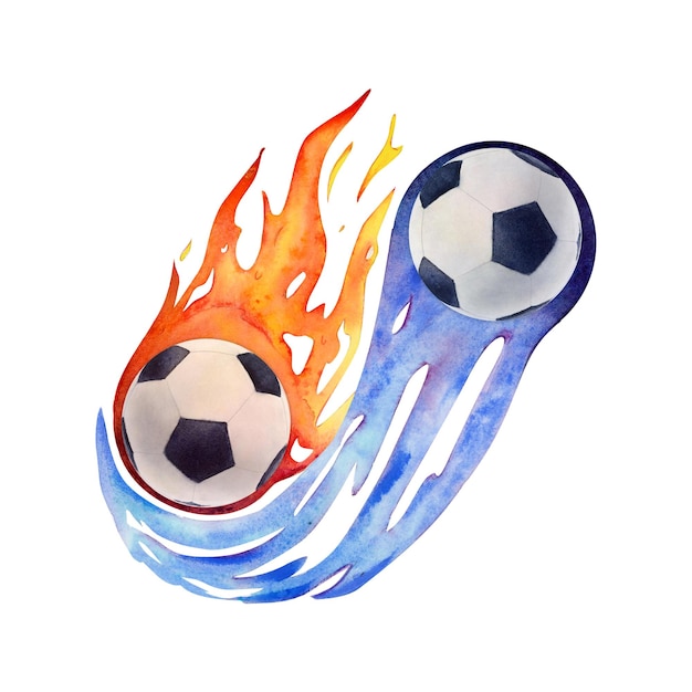 Dessin à l'aquarelle de deux ballons de football volants en noir et blanc avec des flammes de comète orange et bleue