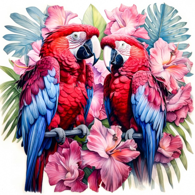 un dessin à l'aquarelle de deux macaws avec des fleurs et des feuilles