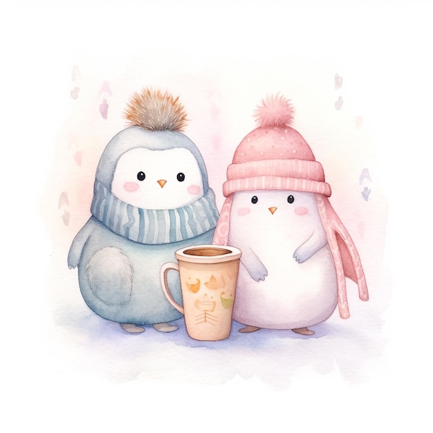 Un dessin à l'aquarelle de deux pingouins se tenant la main et une tasse de café.