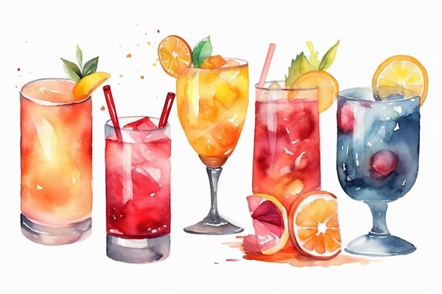 Un dessin à l'aquarelle de divers cocktails, notamment des oranges, des citrons et d'autres boissons.