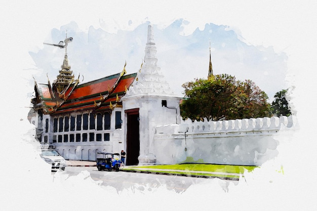 Photo dessin à l'aquarelle du centre-ville et du célèbre monument de bangkok en thaïlande