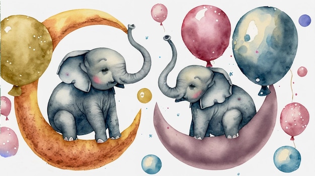 dessin à l'aquarelle d'éléphant Elephant mignon assis sur la lune entouré de ballons Situé sur l'île