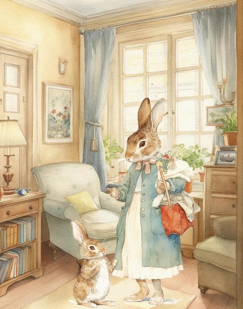 Dessin à l'aquarelle d'une famille heureuse de lapin maman et bébé en lapin de dessin animé de vêtements vintage