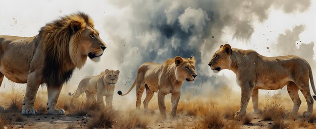 Photo dessin à l'aquarelle d'une fierté de lions dans une savane obscurcie par les fumées d'échappement