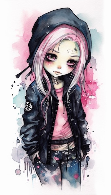 Un dessin à l'aquarelle d'une fille aux cheveux roses et une veste noire.