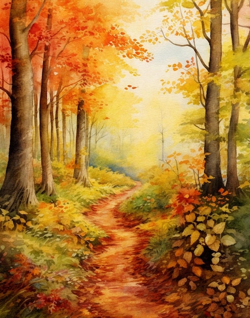 dessin à l'aquarelle d'une forêt d'automne vintage dans des tons orange