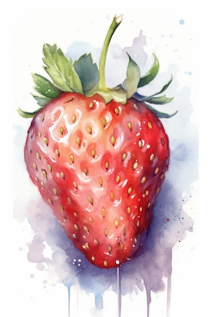 Un dessin à l'aquarelle d'une fraise aux feuilles vertes.