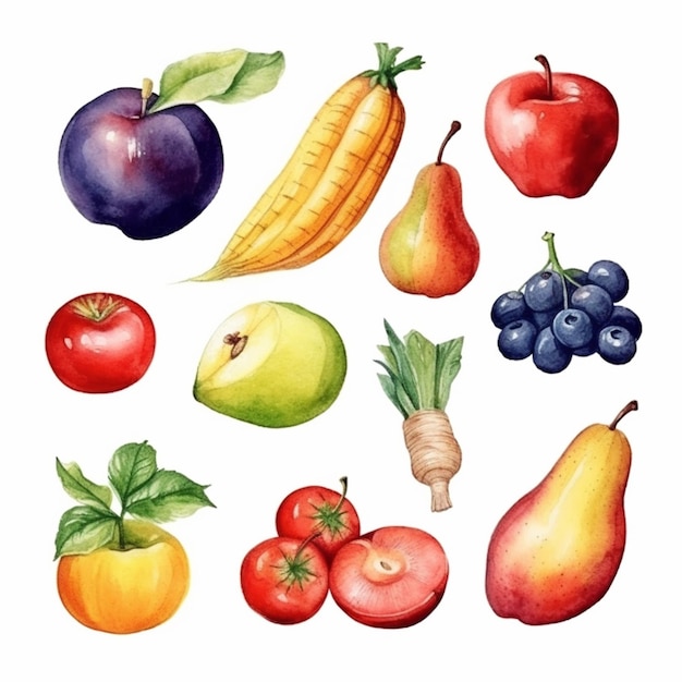 Un dessin à l'aquarelle de fruits et légumes