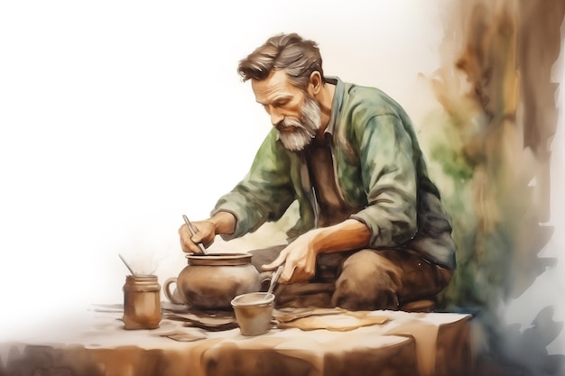 Dessin à l'aquarelle d'un homme brutal avec une barbe mangeant du pot à table