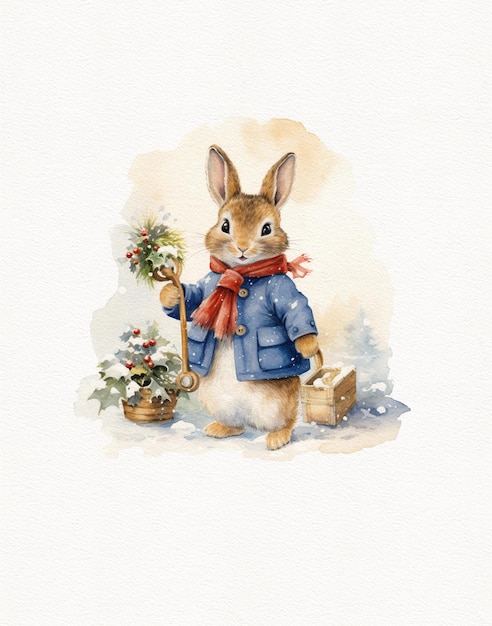 Dessin aquarelle d'un lapin en vacances d'hiver Lapin de Noël